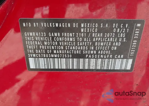 2021 Volkswagen Jetta 1.4T R-Line/1.4T S/1.4T Se из США, поврежденный, VIN 3VWC57BU3MM072530